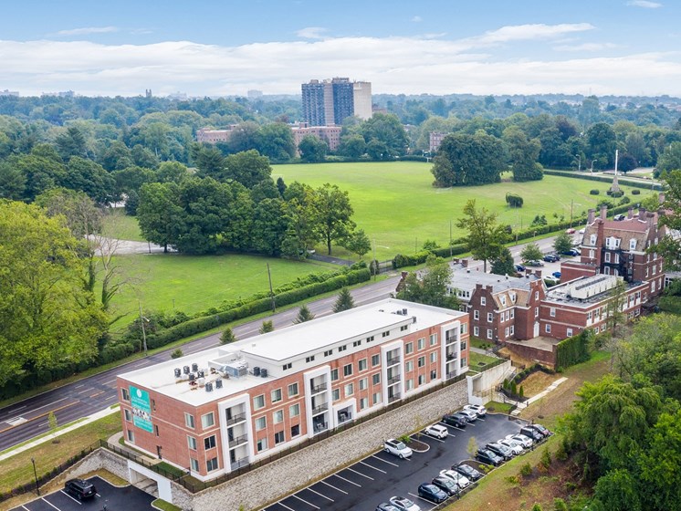 Gorgeous birds-eye view of apartments on Philadelphia's Main Line with scenic surroundings